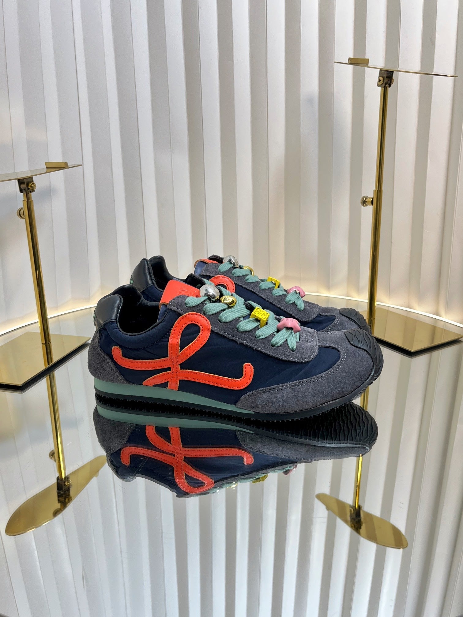 LOEWE 26S RUNNER 2.0 SNEAKERS IN GREY SUEDE AND NAVY BLUE FABRIC