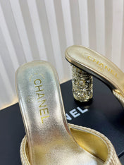 CHANEL 26S EMBELLISHED HEELED SANDALS 80 MM IN GOLD LAMBSKIN