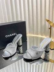 CHANEL 26S EMBELLISHED HEELED SANDALS 80 MM IN SILVER LAMBSKIN