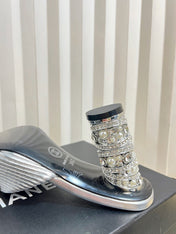 CHANEL 26S EMBELLISHED HEELED SANDALS 80 MM IN SILVER LAMBSKIN