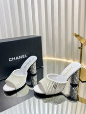 CHANEL 26S EMBELLISHED HEELED SANDALS 80 MM IN WHITE LAMBSKIN
