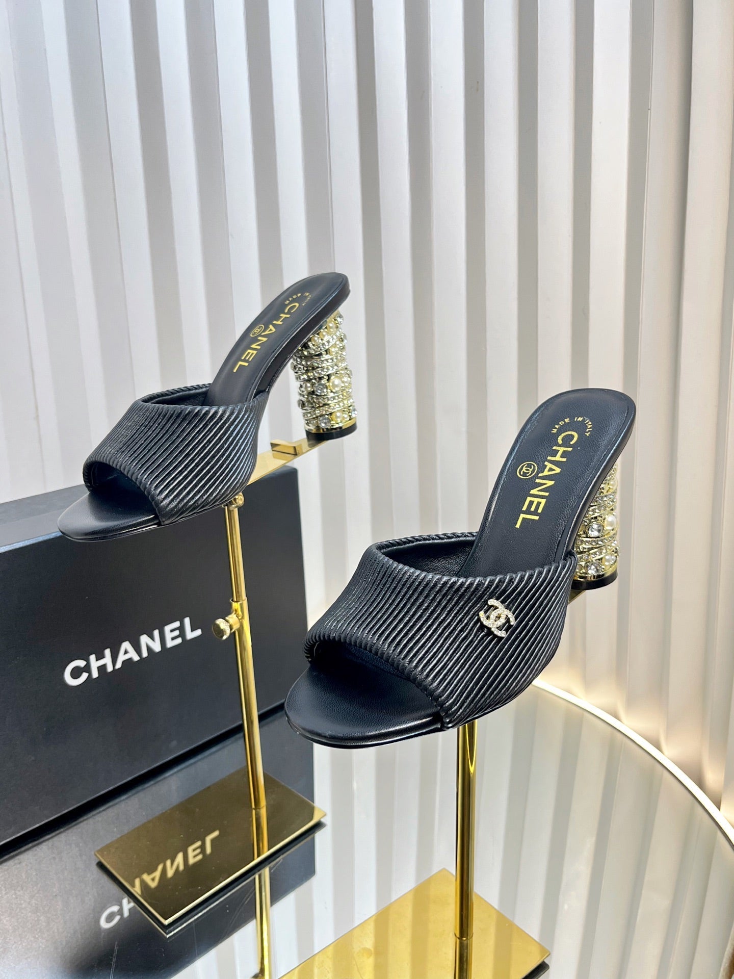 CHANEL 26S EMBELLISHED HEELED SANDALS 80 MM IN BLACK LAMBSKIN