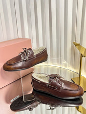 MIUMIU 26S FUR BOAT SHOES IN BROWN CALFSKIN