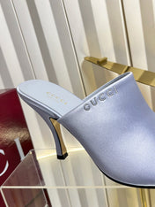 GUCCI 26S HIGH-HEELED SANDALS 100 MM IN GRAYISH BLUE SATIN