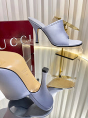 GUCCI 26S HIGH-HEELED SANDALS 100 MM IN GRAYISH BLUE SATIN