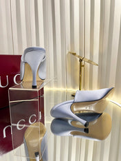 GUCCI 26S HIGH-HEELED SANDALS 100 MM IN GRAYISH BLUE SATIN