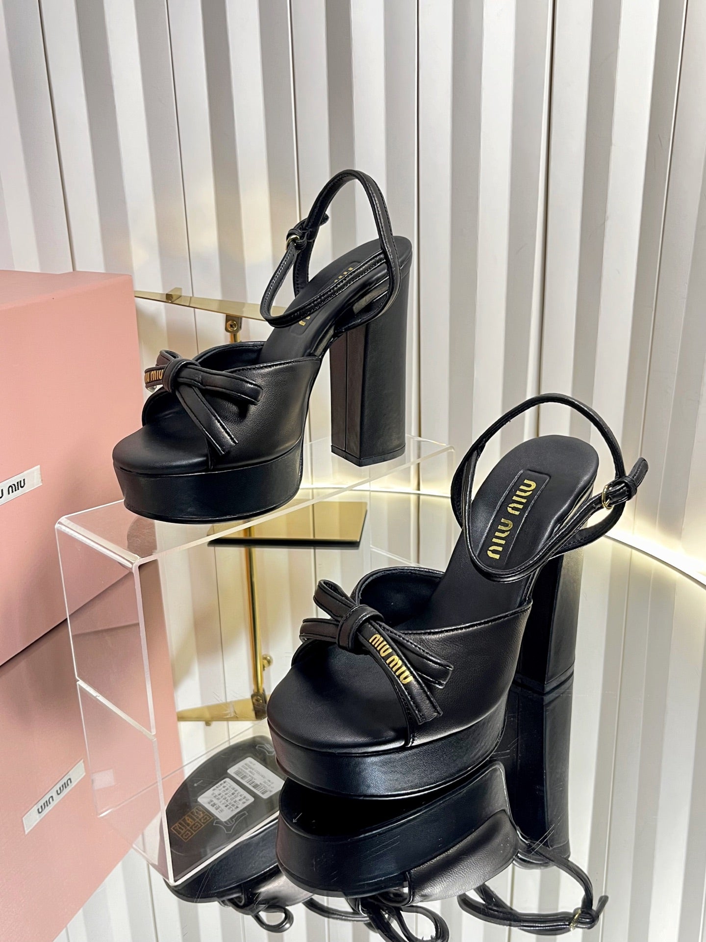 MIUMIU 26S PLATFORM ANKLE STRAP SANDALS 120MM IN BLACK CALFSKIN WITH BOW