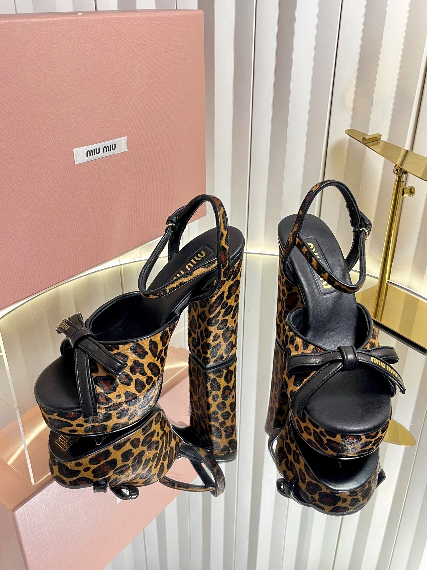 MIUMIU 26S PLATFORM ANKLE STRAP SANDALS 120MM IN LEOPARD PRINT CALF HAIR WITH BOW