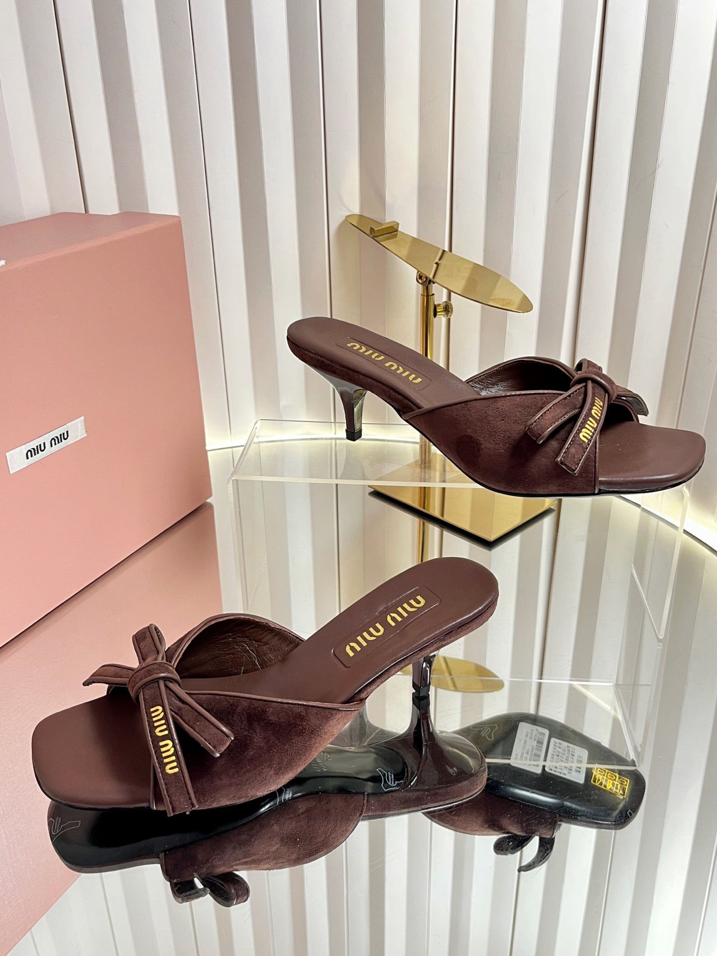 MIUMIU 26S MULE SANDALS 55MM IN DARK BROWN SUEDE WITH BOW