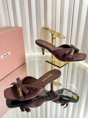 MIUMIU 26S MULE SANDALS 55MM IN DARK BROWN SUEDE WITH BOW