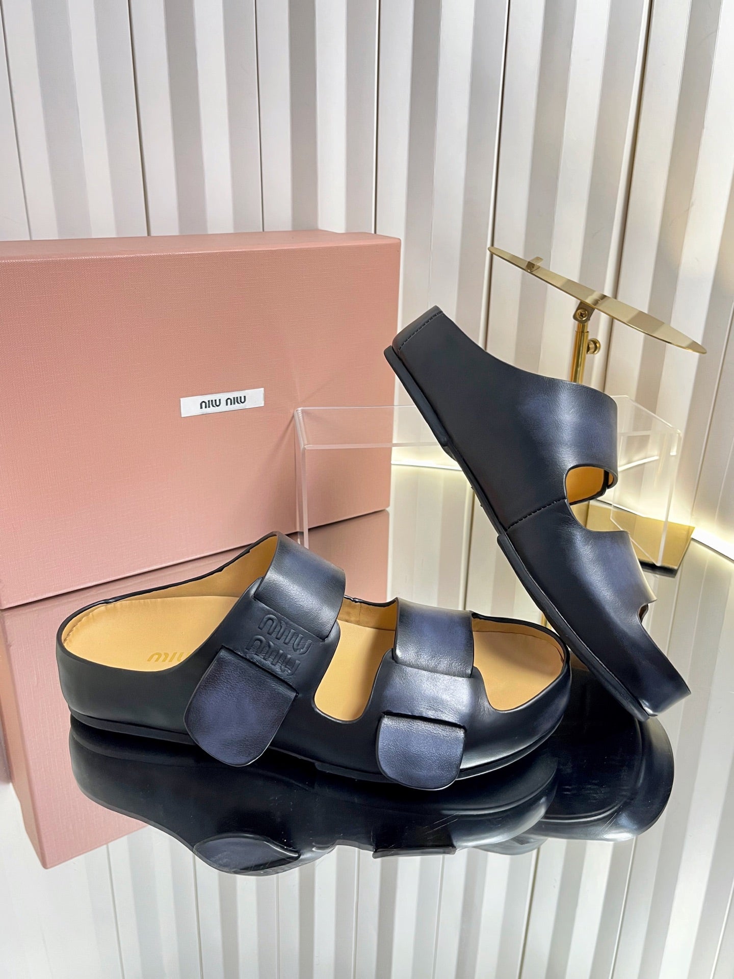MIUMIU 26S DOUBLE-STRAP SLIDES IN BLACK CALFSKIN