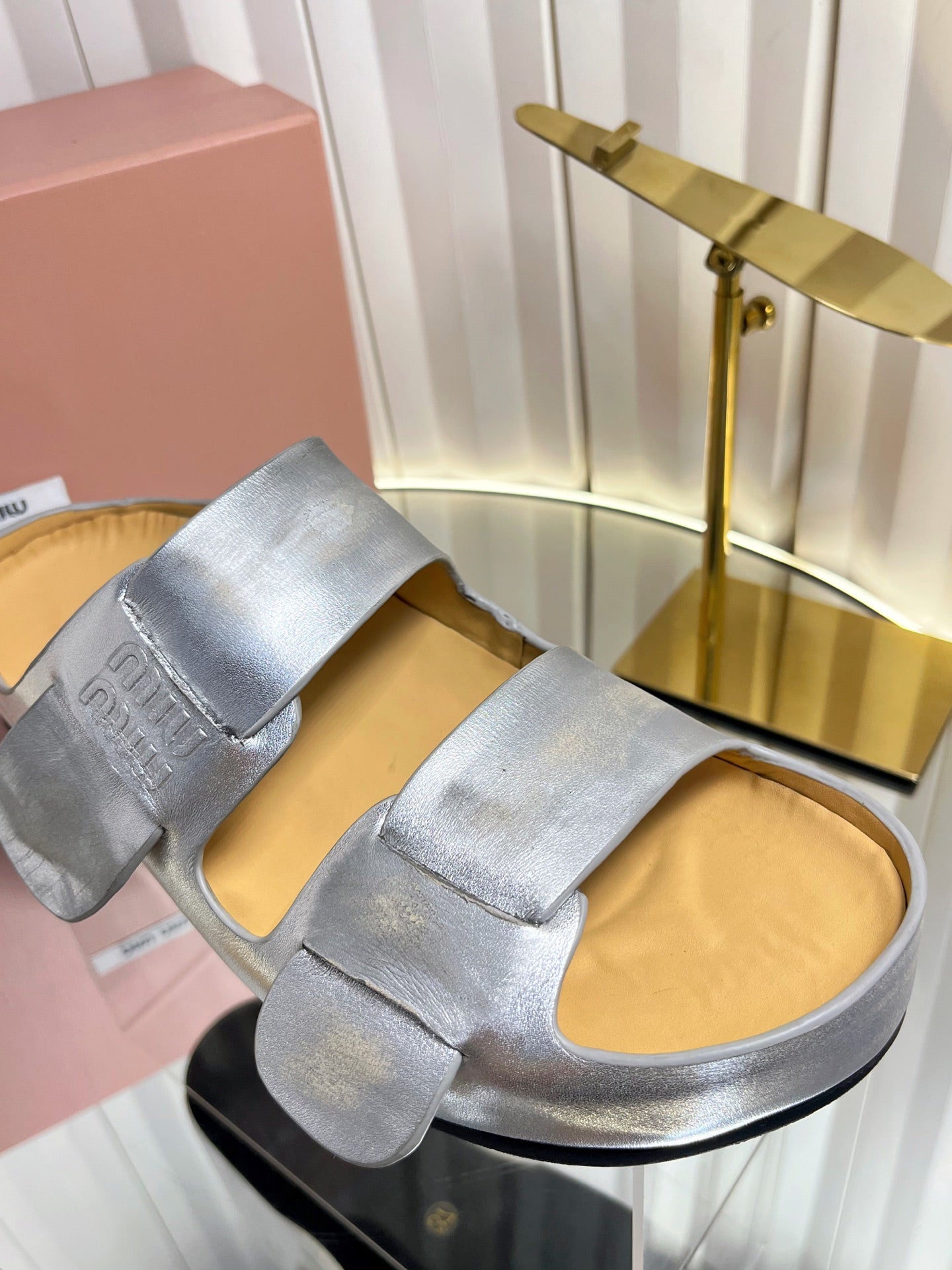 MIUMIU 26S DOUBLE-STRAP SLIDES IN SILVER CALFSKIN