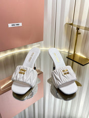 MIUMIU 26S HIGH-HEEL MULE SANDALS 85MM IN WHITE CALFSKIN GOLD HARDWARE