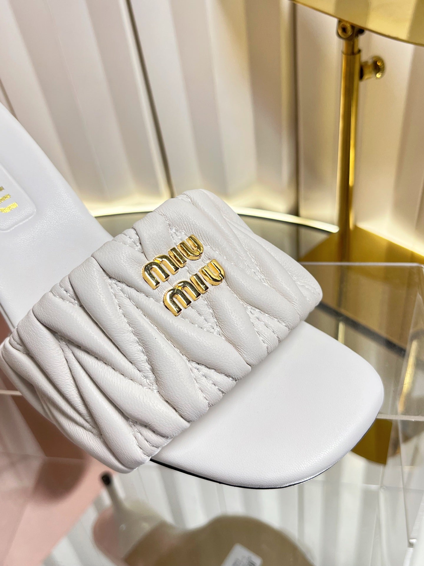 MIUMIU 26S HIGH-HEEL MULE SANDALS 85MM IN WHITE CALFSKIN GOLD HARDWARE