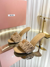 MIUMIU 26S HIGH-HEEL MULE SANDALS 85MM IN BEIGE CALFSKIN GOLD HARDWARE