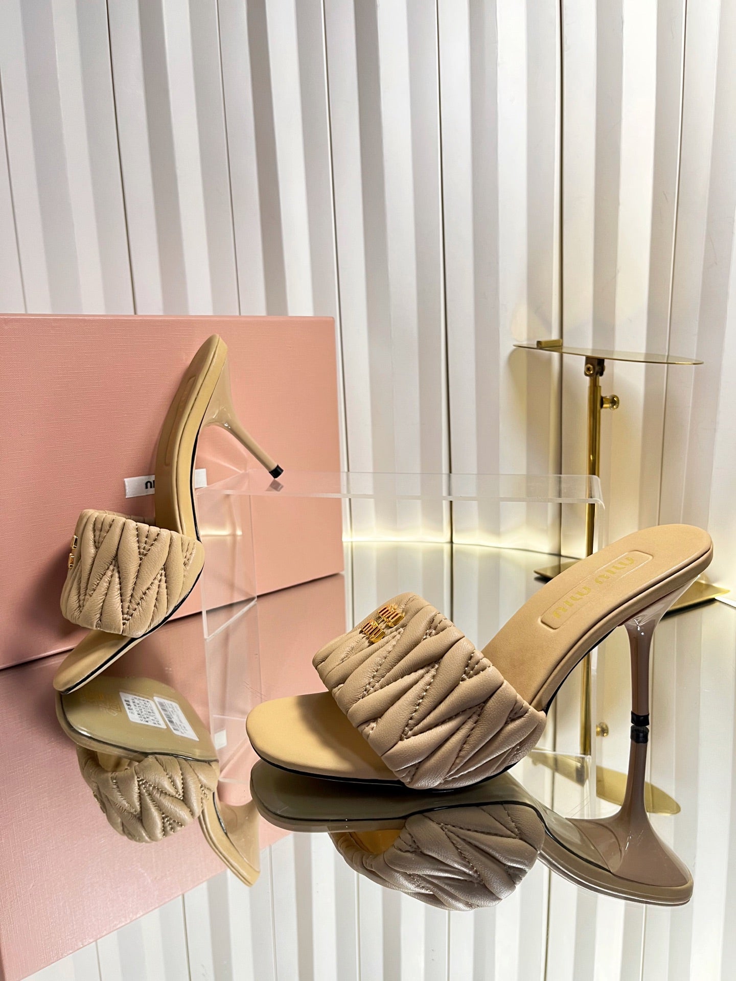 MIUMIU 26S HIGH-HEEL MULE SANDALS 85MM IN BEIGE CALFSKIN GOLD HARDWARE