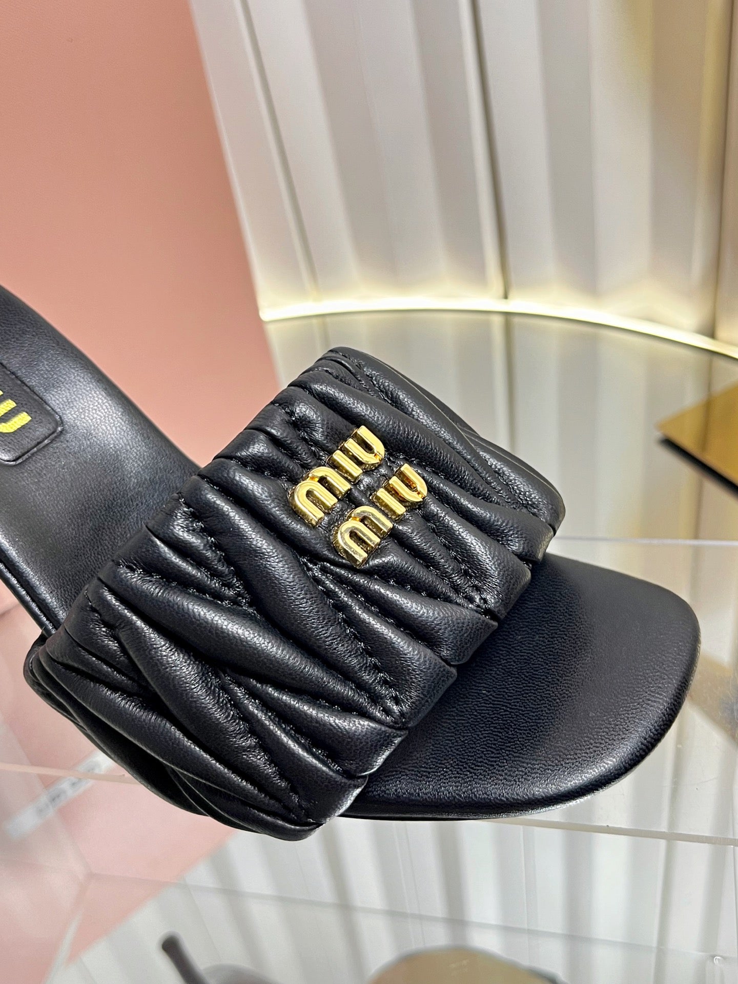 MIUMIU 26S HIGH-HEEL MULE SANDALS 85MM IN BLACK CALFSKIN GOLD HARDWARE