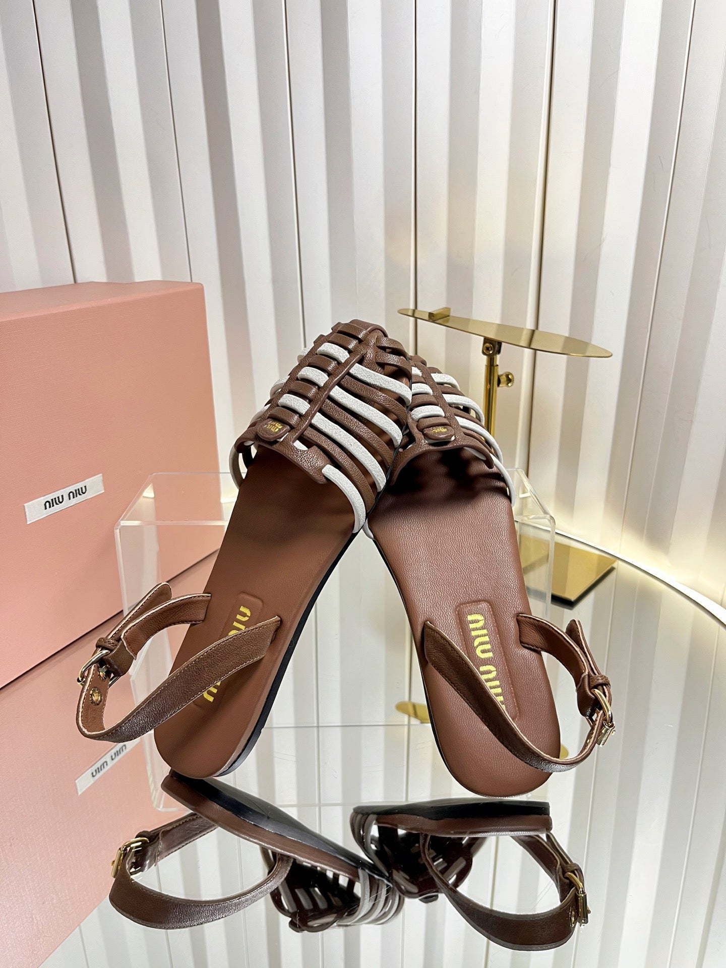 MIUMIU 26S SLINGBACK SANDALS IN DARK BROWN AND WHITE CALFSKIN