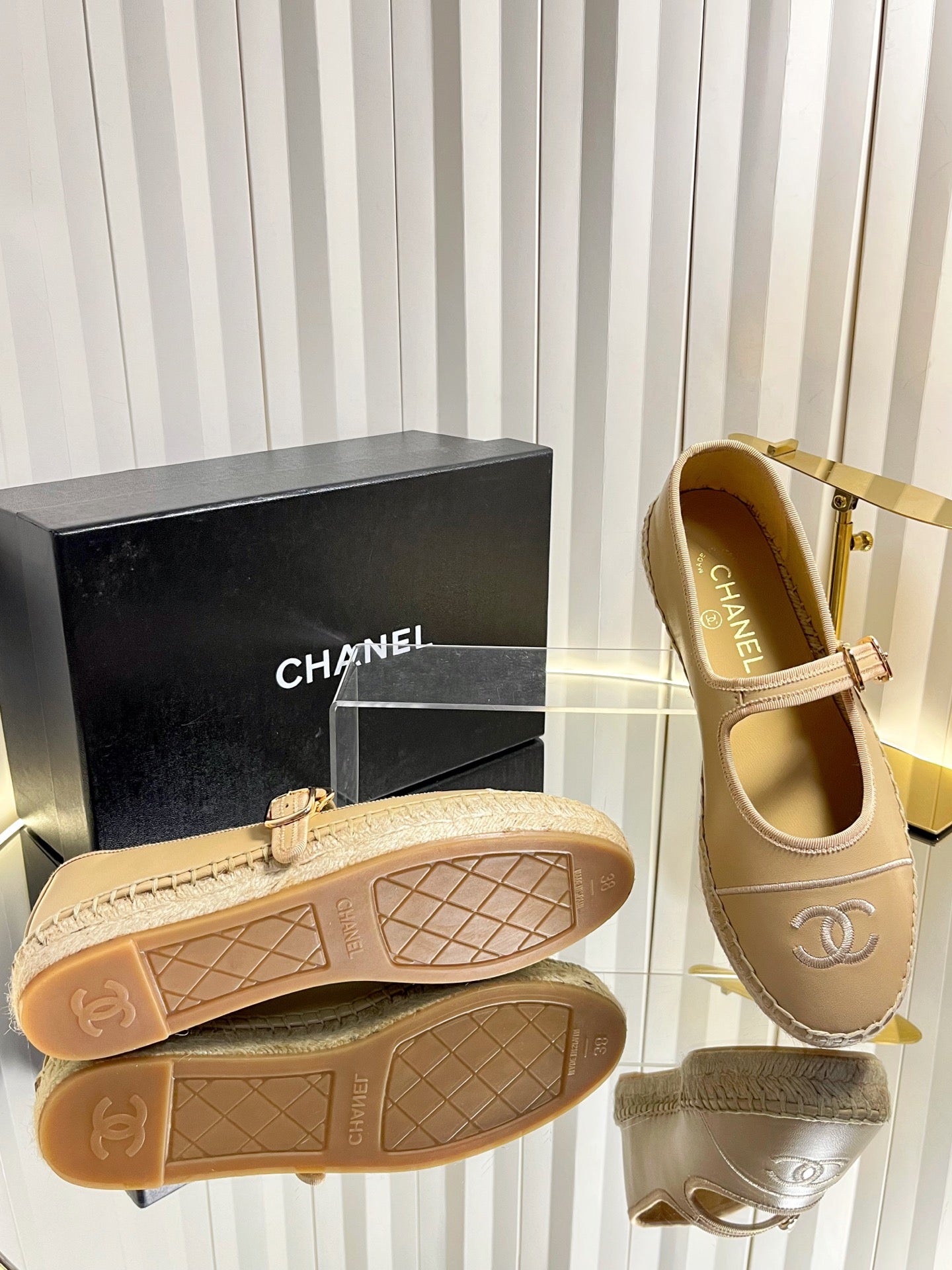 CHANEL 26S ESPADRILLE MARY JANE SHOES IN BEIGE LAMBSKIN