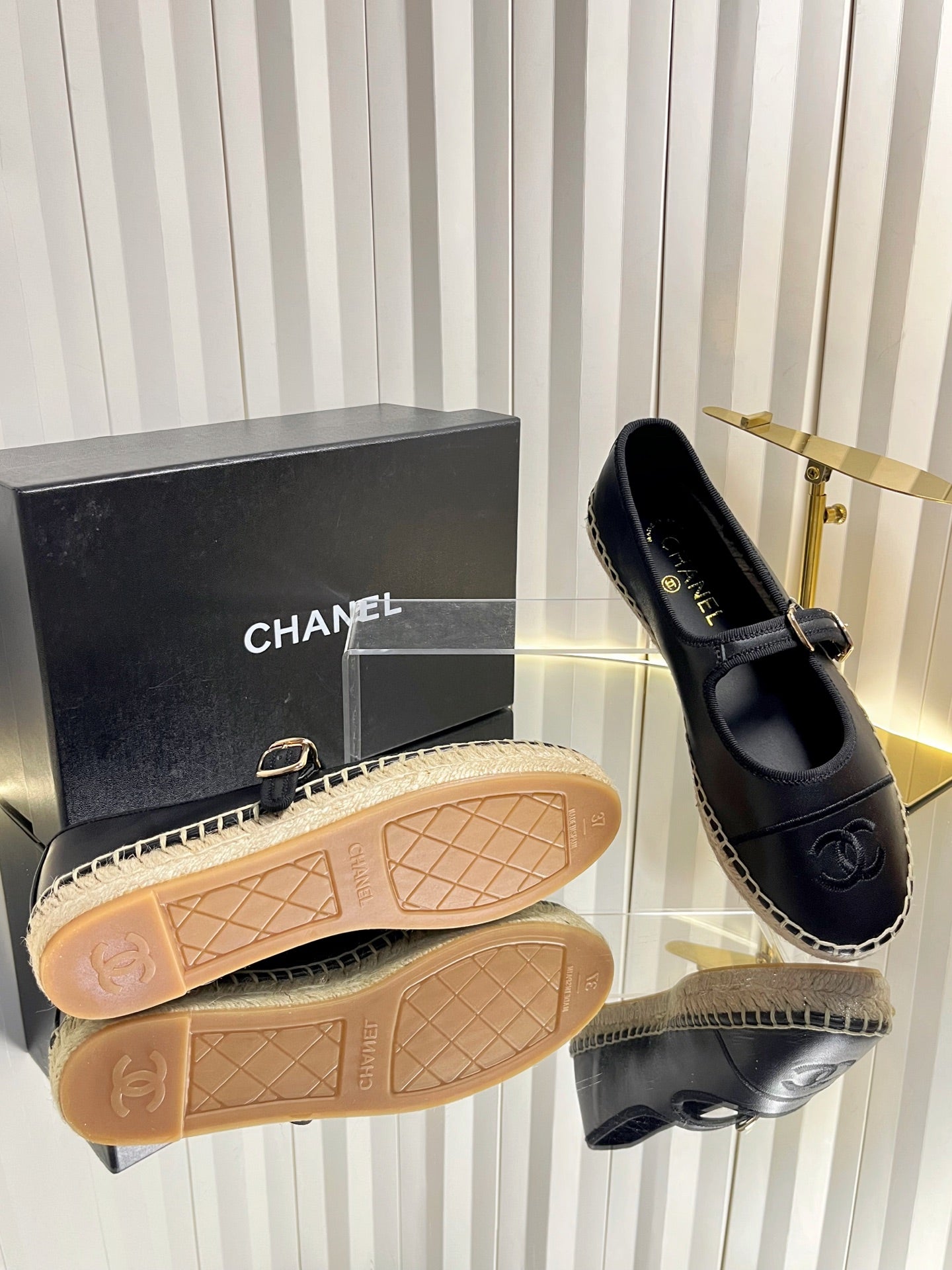 CHANEL 26S ESPADRILLE MARY JANE SHOES IN BLACK LAMBSKIN