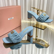 MIUMIU 26S PADDED MATELASSE MULE HEELS 65MM IN LIGHT BLUE CALFSKIN GOLD HARDWARE