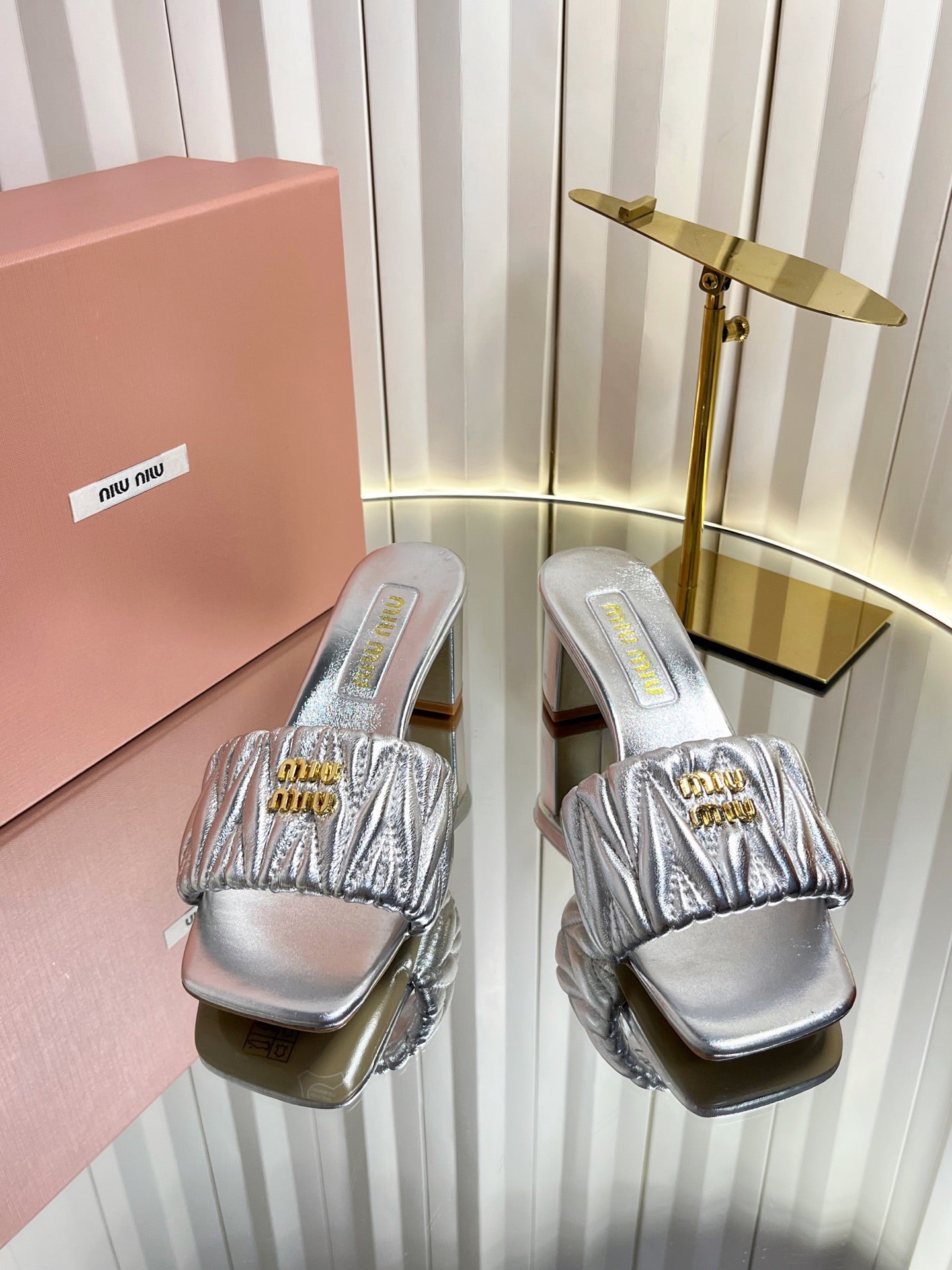 MIUMIU 26S PADDED MATELASSE MULE HEELS 65MM IN SILVER CALFSKIN GOLD HARDWARE