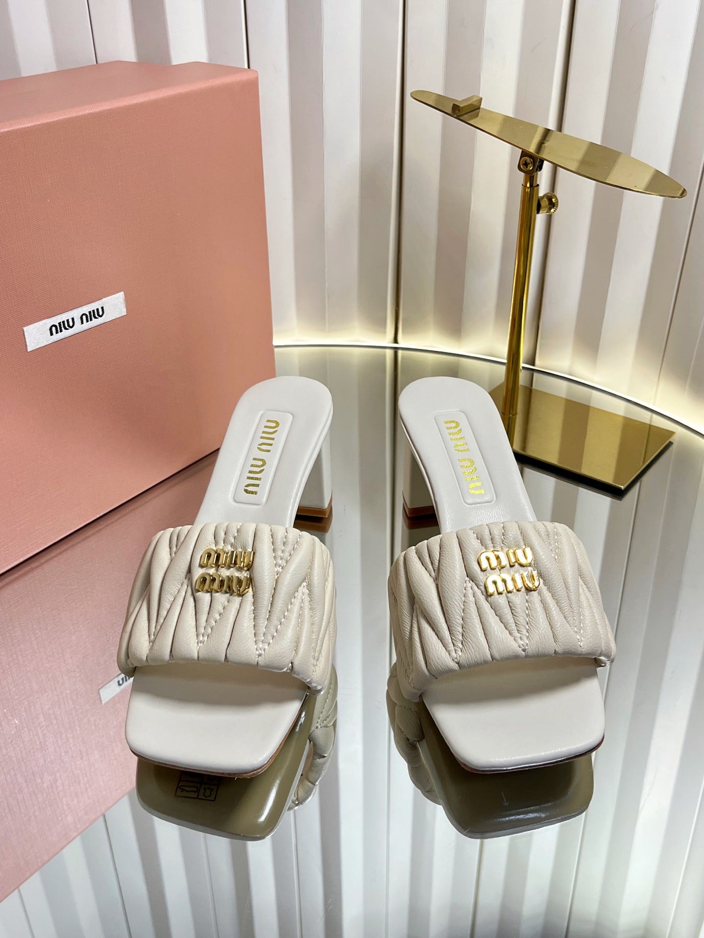 MIUMIU 26S PADDED MATELASSE MULE HEELS 65MM IN LIGHT BEIGE CALFSKIN GOLD HARDWARE