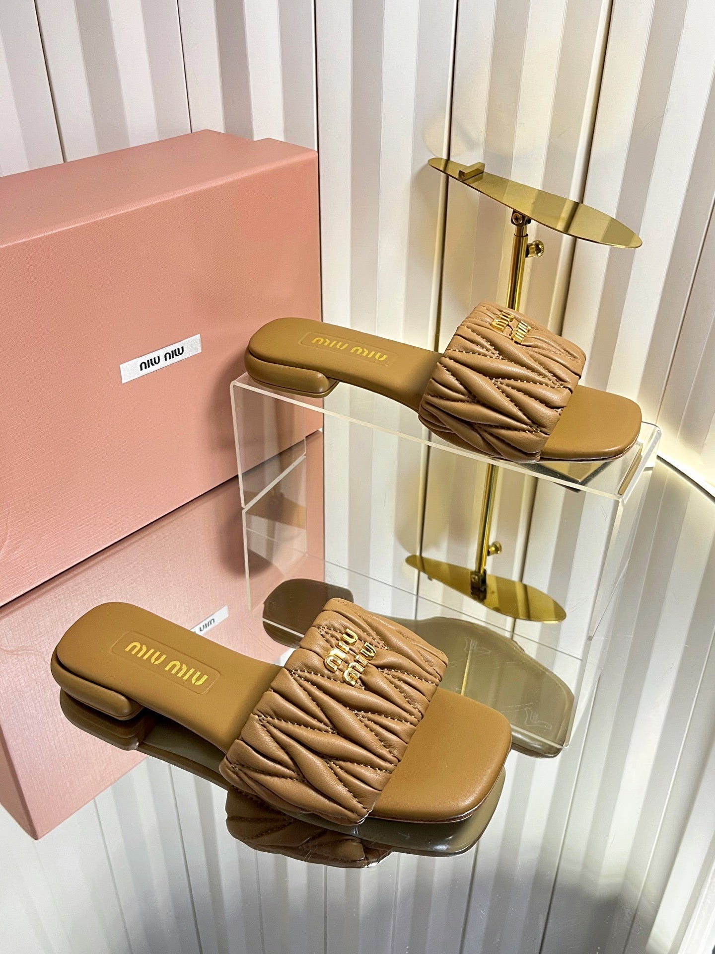 MIUMIU 26S MATELASSE SLIDES IN TAN BROWN CALFSKIN GOLD HARDWARE