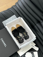 HIGH SLINGBACK IN BLACK TWEED AND GOLDEN LAMBSKIN