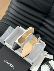 HIGH SLINGBACK IN BEIGE TWEED AND BLACK LAMBSKIN