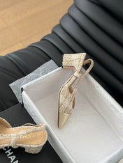 HIGH SLINGBACK IN BEIGE CREAM TWEED AND GOLDEN LAMBSKIN