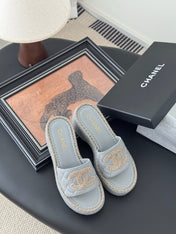WEDGE HEELS IN BEAU BLUE CALFSKIN MIX CHAIN BASE