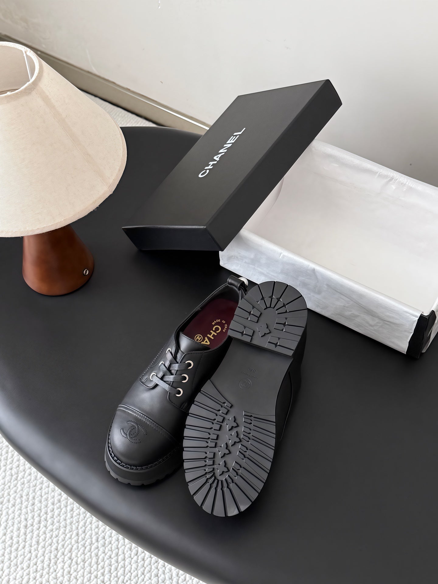 CHANEL 26S LACE UP PLATFORM IN BLACK CALFSKIN