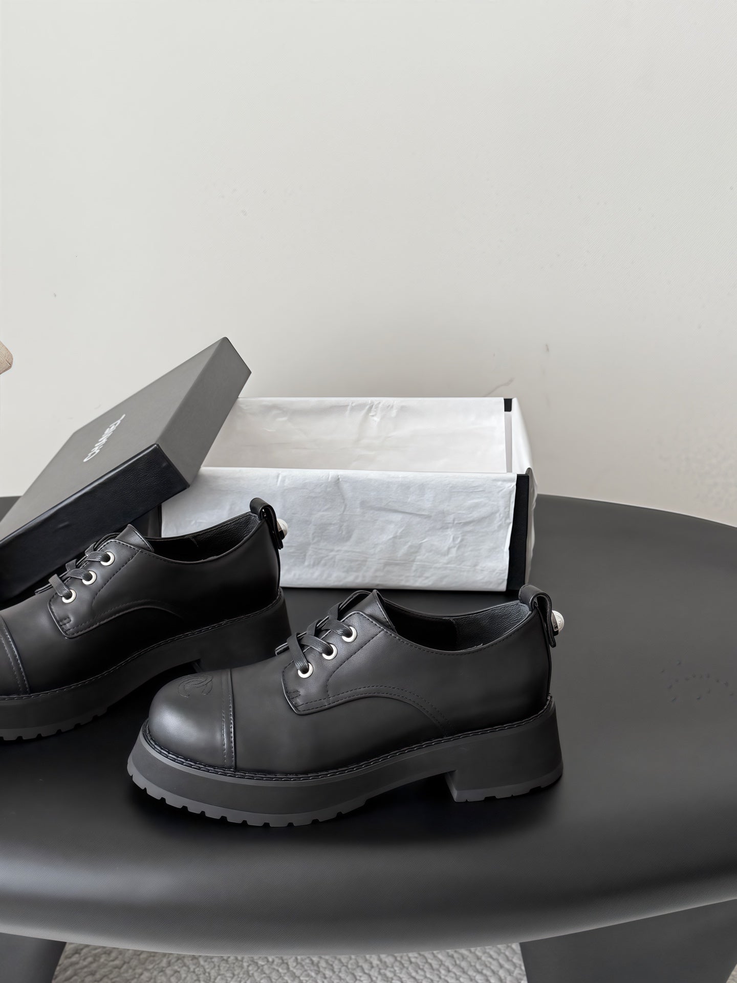 CHANEL 26S LACE UP PLATFORM IN BLACK CALFSKIN
