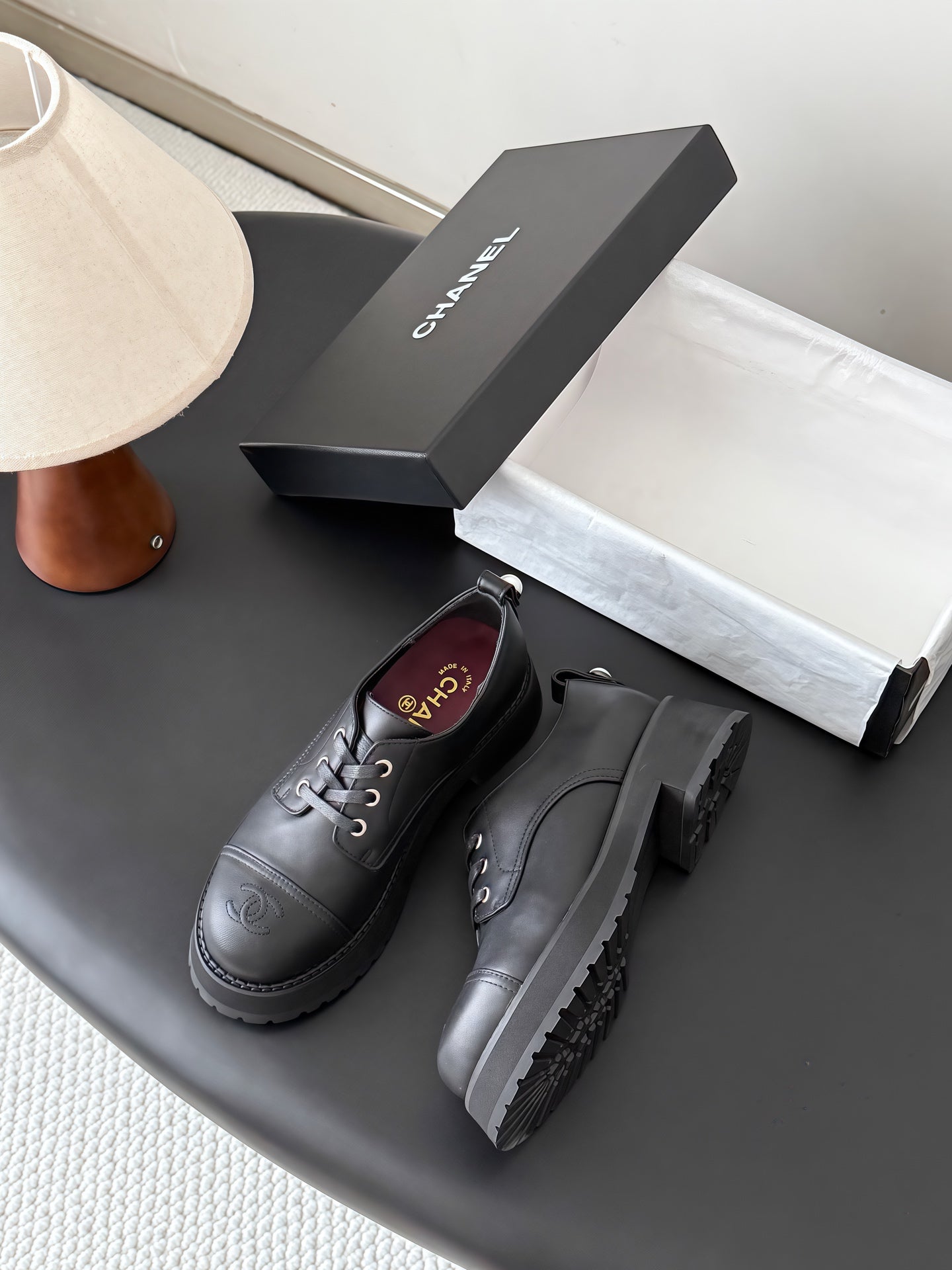 CHANEL 26S LACE UP PLATFORM IN BLACK CALFSKIN