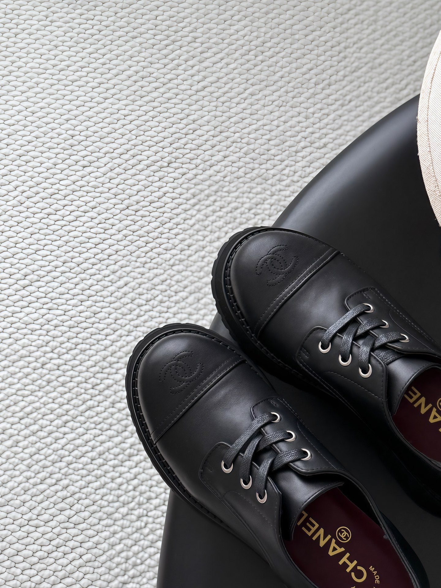 CHANEL 26S LACE UP PLATFORM IN BLACK CALFSKIN