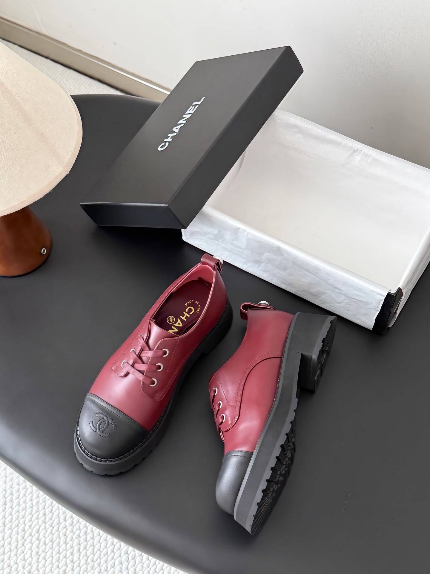 CHANEL 26S LACE UP PLATFORM IN BLACK AND RED CALFSKIN