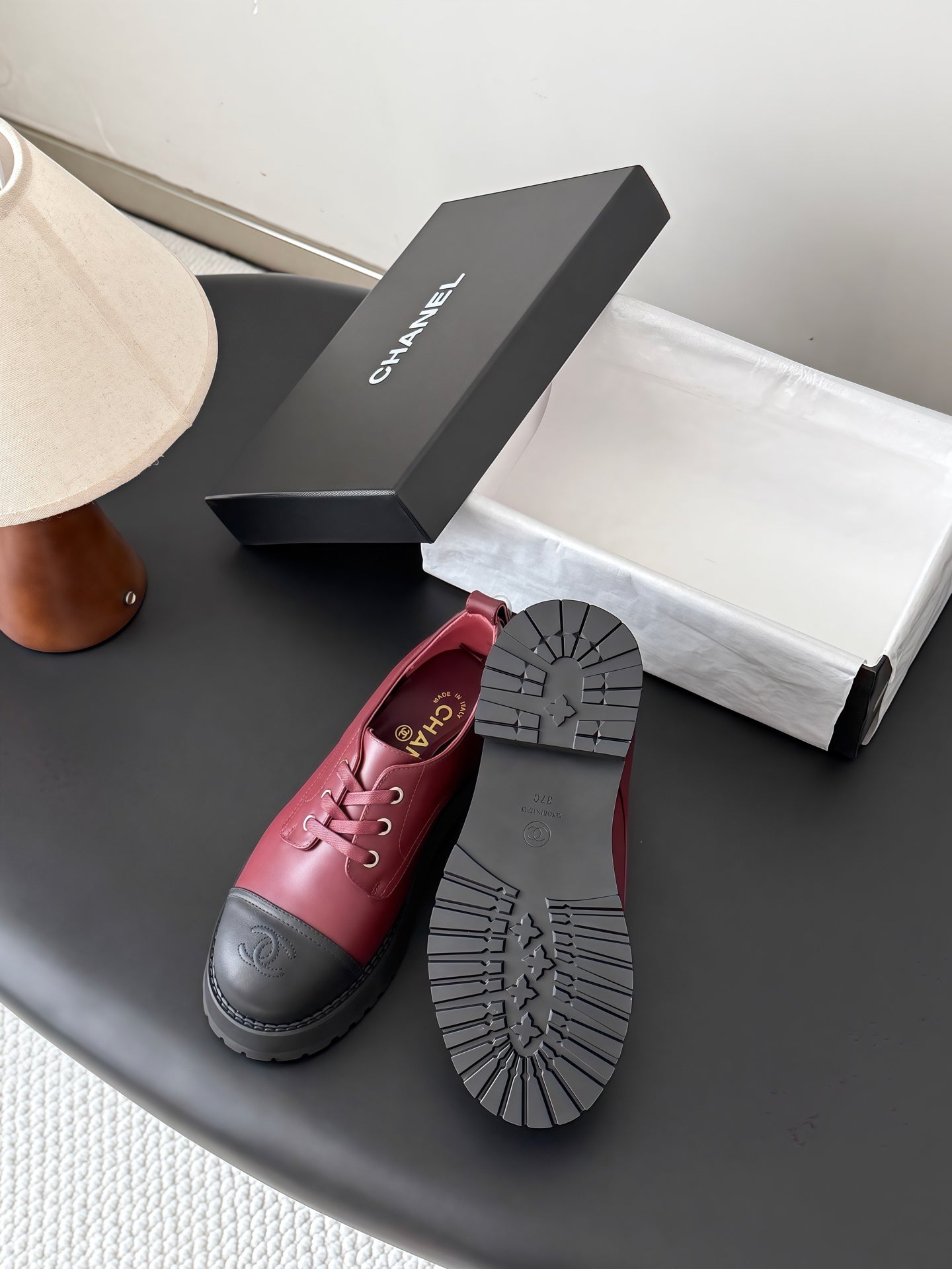 CHANEL 26S LACE UP PLATFORM IN BLACK AND RED CALFSKIN
