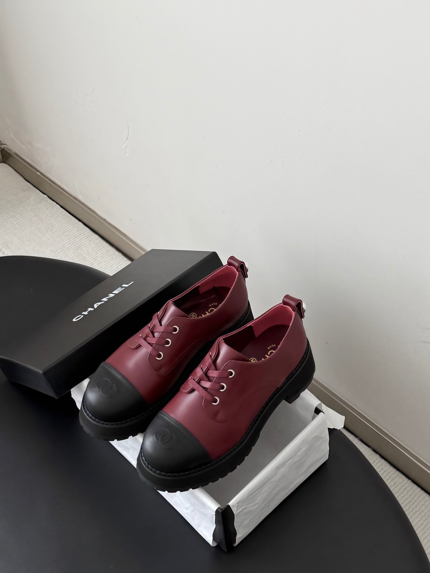 CHANEL 26S LACE UP PLATFORM IN BLACK AND RED CALFSKIN