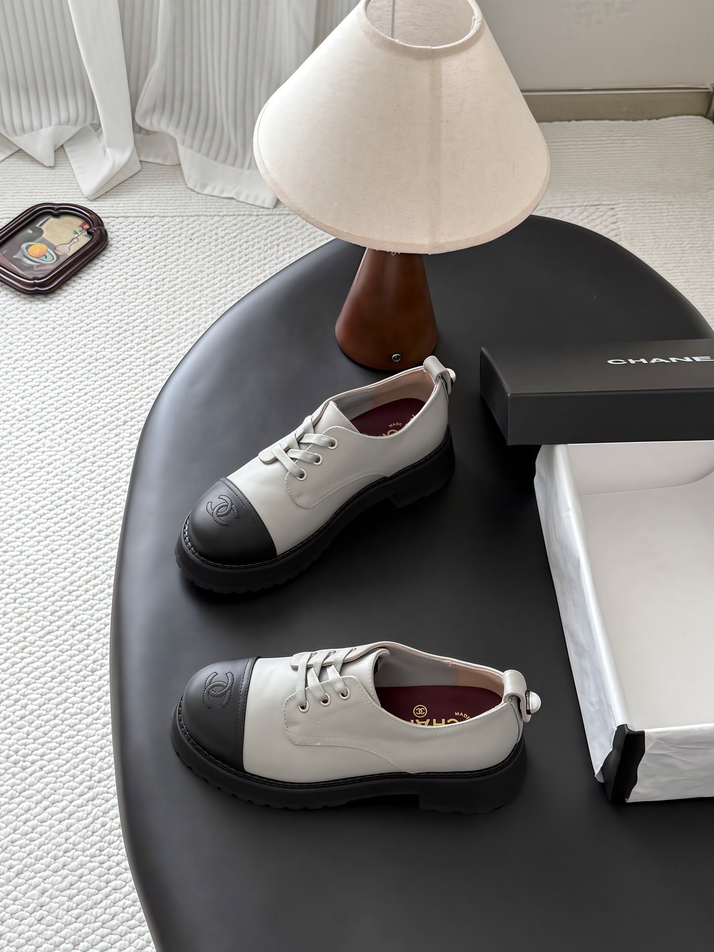 CHANEL 26S LACE UP PLATFORM IN BLACK AND GREY CALFSKIN