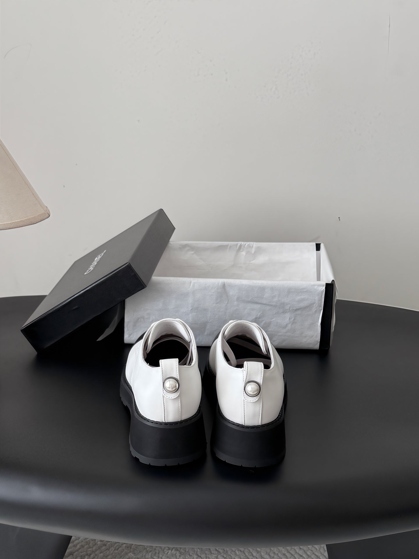 CHANEL 26S LACE UP PLATFORM IN BLACK AND WHITE CALFSKIN