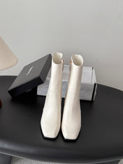 CHANEL 26S ANKLE BOOTS 70 MM IN CREAM WHITE CALFSKIN SQUARE TOE