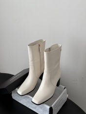 CHANEL 26S ANKLE BOOTS 70 MM IN CREAM WHITE CALFSKIN SQUARE TOE