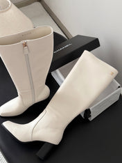 CHANEL 26S TALL BOOTS 70 MM IN CREAM WHITE CALFSKIN SQUARE TOE