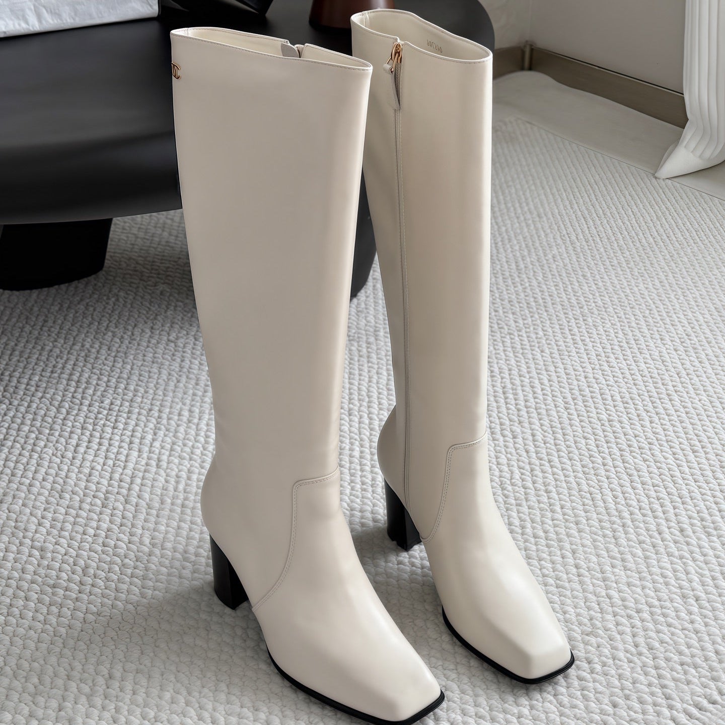 CHANEL 26S TALL BOOTS 70 MM IN CREAM WHITE CALFSKIN SQUARE TOE