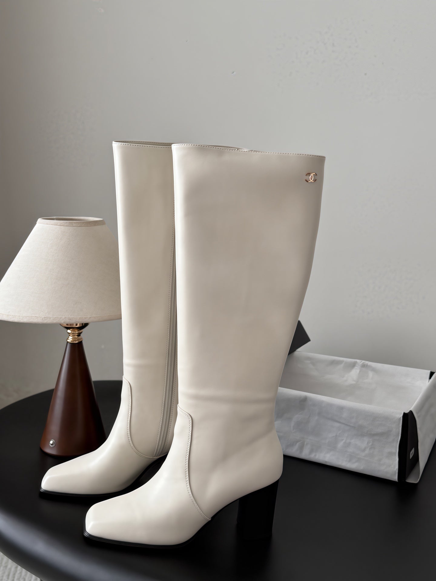 CHANEL 26S TALL BOOTS 70 MM IN CREAM WHITE CALFSKIN SQUARE TOE