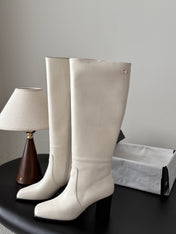CHANEL 26S TALL BOOTS 70 MM IN CREAM WHITE CALFSKIN SQUARE TOE