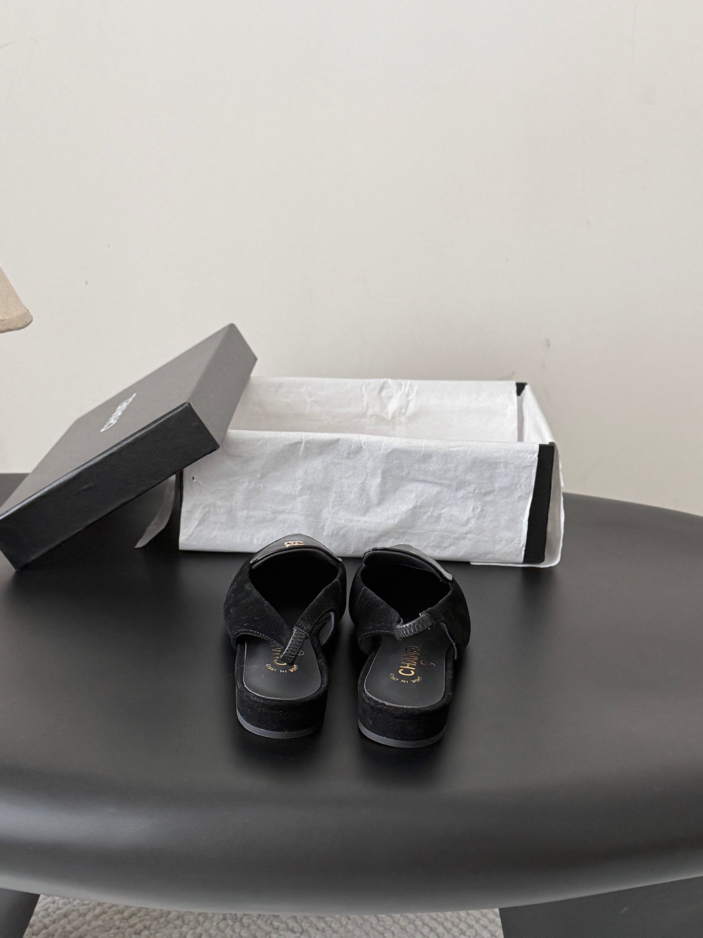 CHANEL 26S SLINGBACK FLAT IN BLACK SUEDE AND CALFSKIN