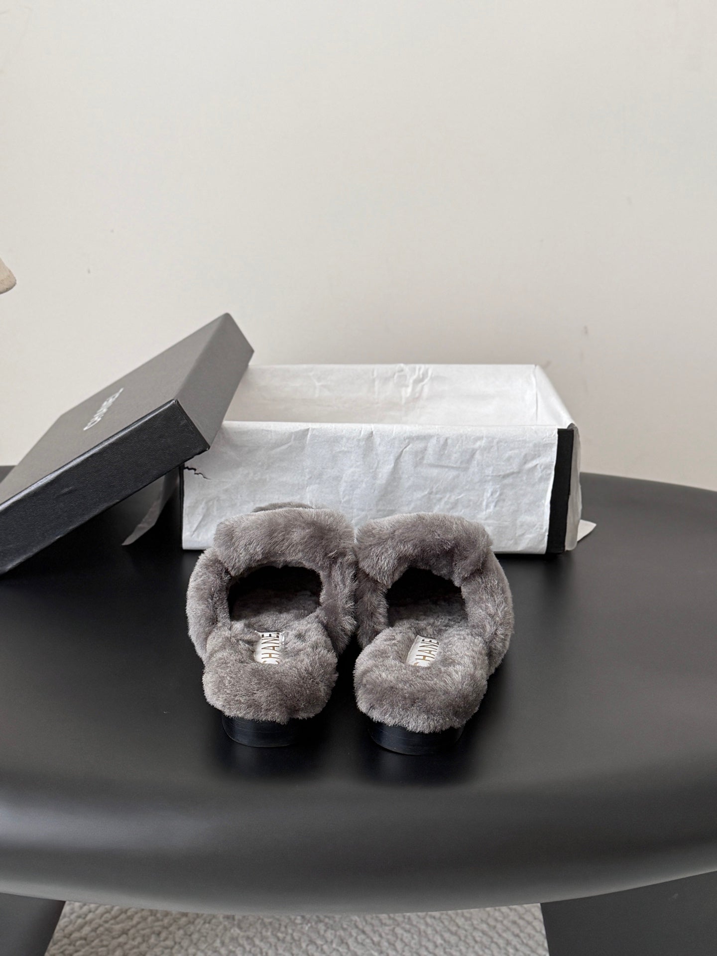 CHANEL 26S MULES IN GREY SHEARLING LINING