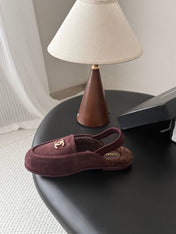 CHANEL 26S SLINGBACK LOAFERS IN BURGUNDY  SUEDE AND SHEARLING LINING